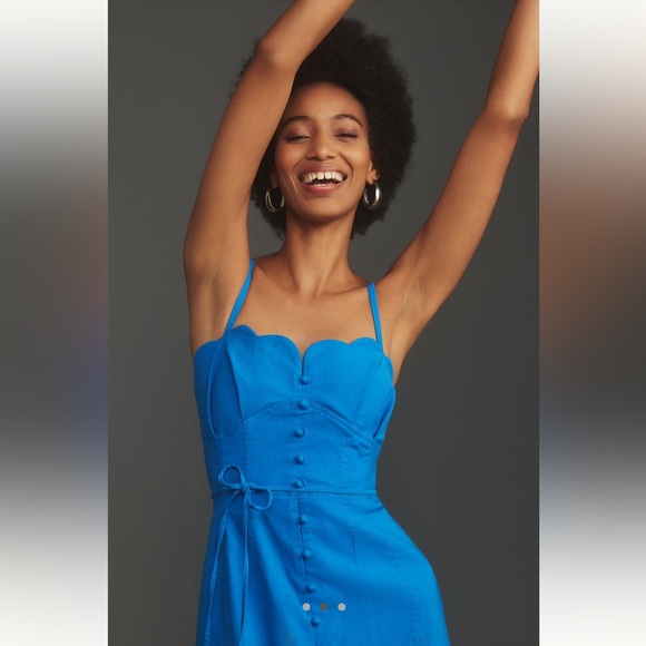 Anthropologie Blue Midi Dress Size 10 NWT Button Front Scallop Spaghetti Straps - Picture 2 of 10